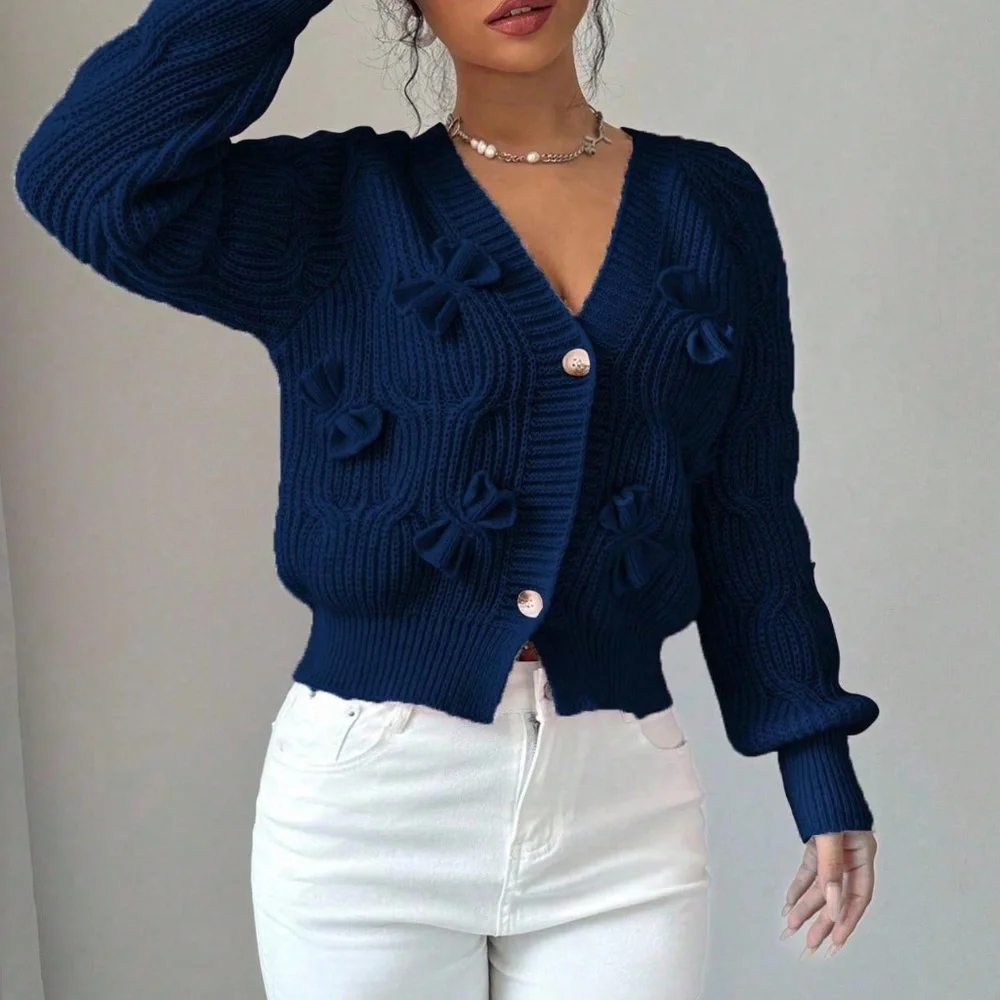 Classic Solid Bow Detail Button Down Fitted Cardigan
